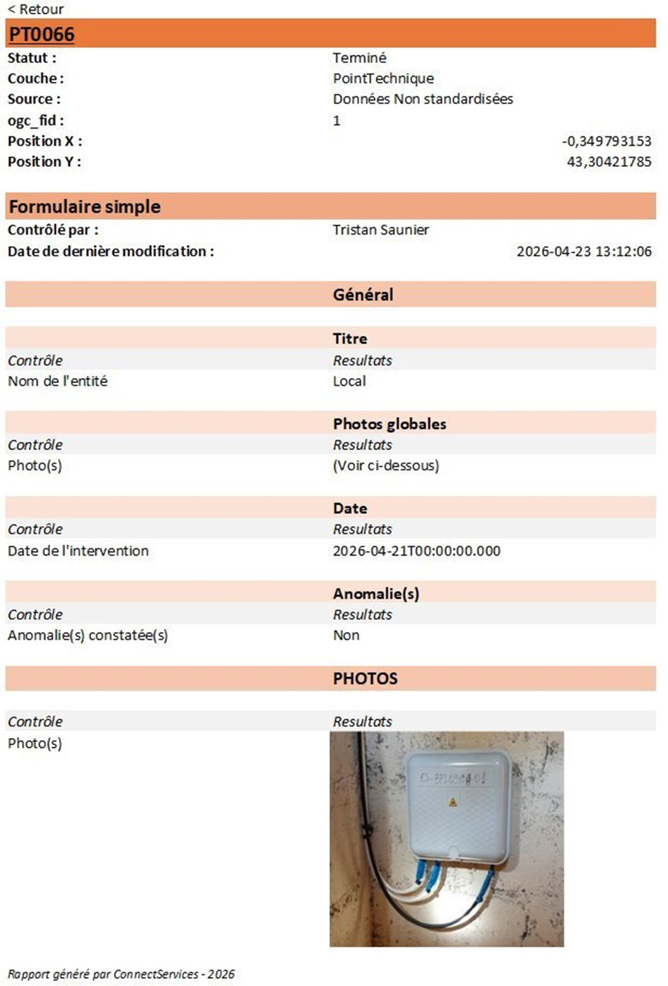Exemple de rapport d'intervention terrain édité par ConnectServices et ConnectField - Solutions Dotic