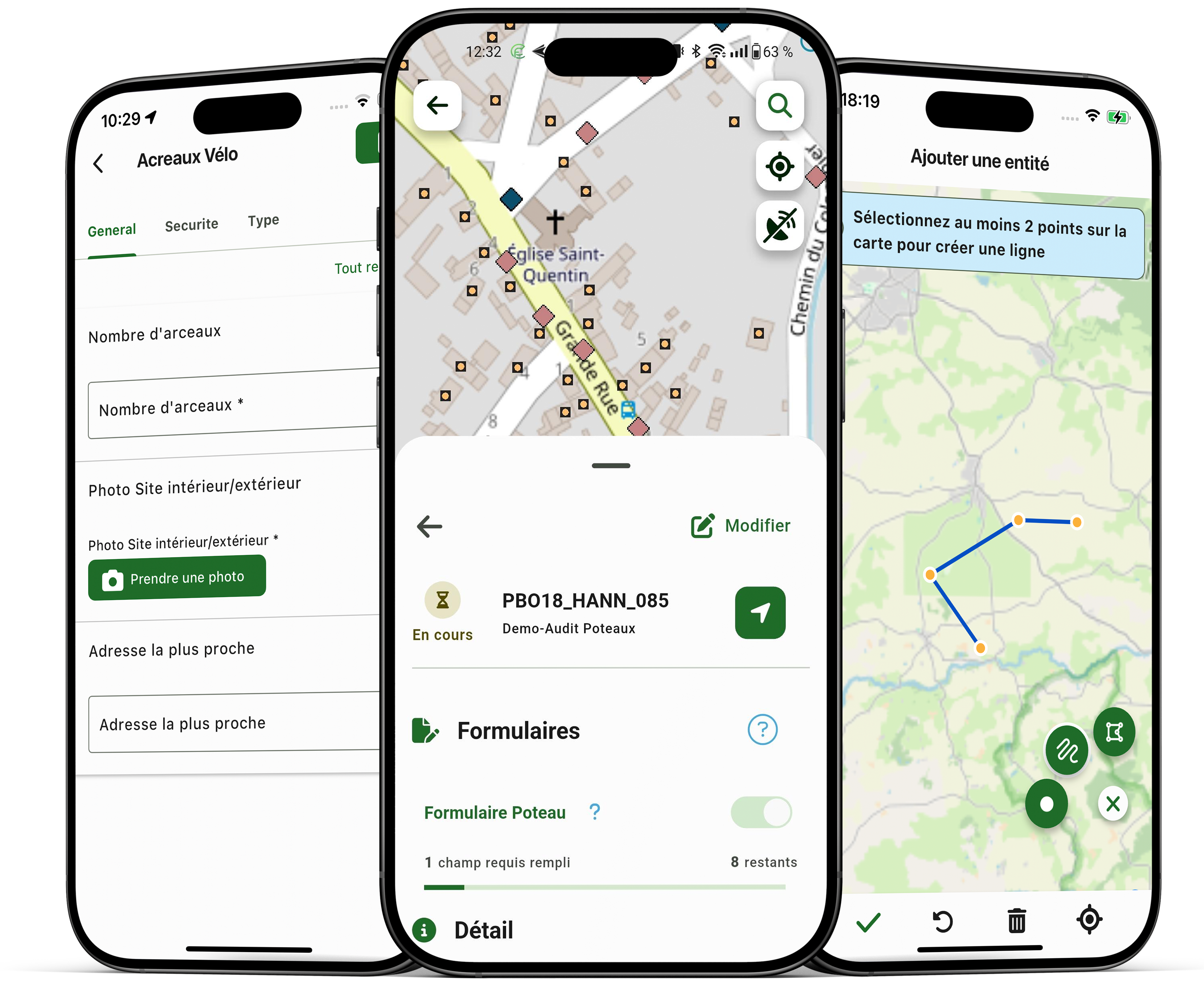 3 écrans ConnectField avec un formulaire, un détail d'une entité et une création d'entité